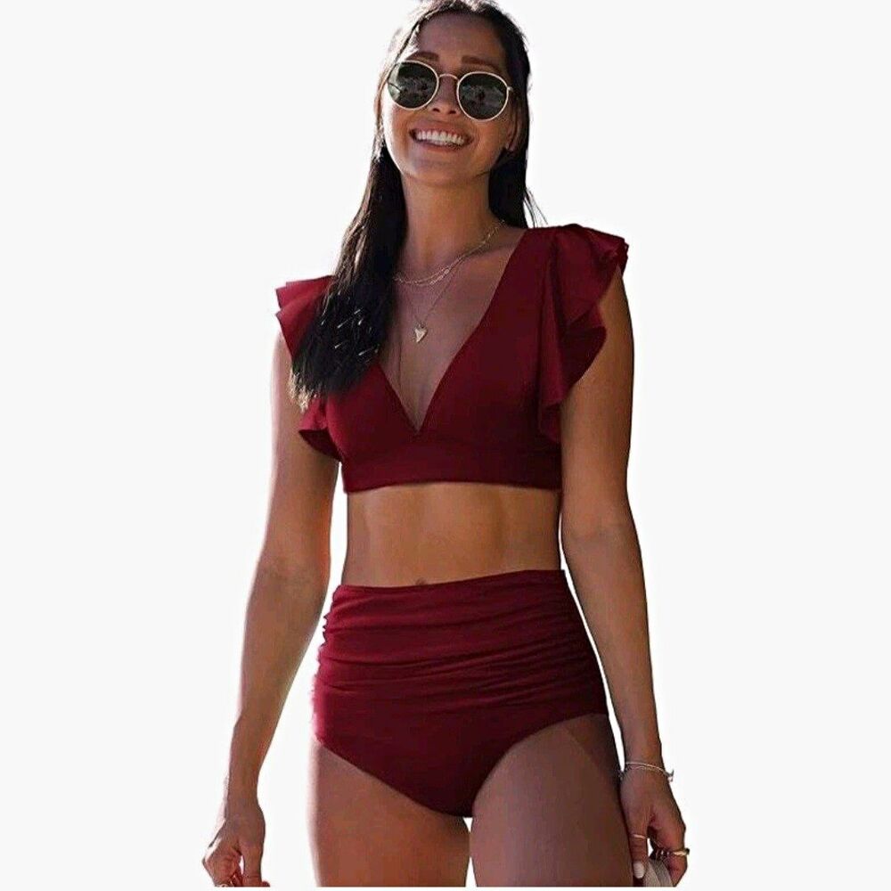 Sporlike Red Ruffle Crop Top Bikini Set Small NWT High Waist Retro Bathing Suit